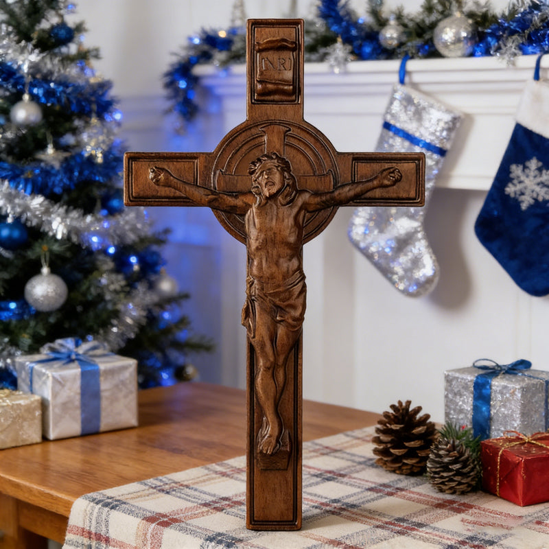 Bgcopper INRI Wood Carving Crucifix