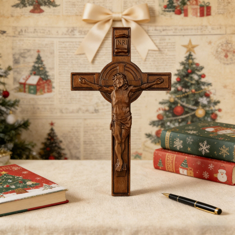Bgcopper INRI Wood Carving Crucifix