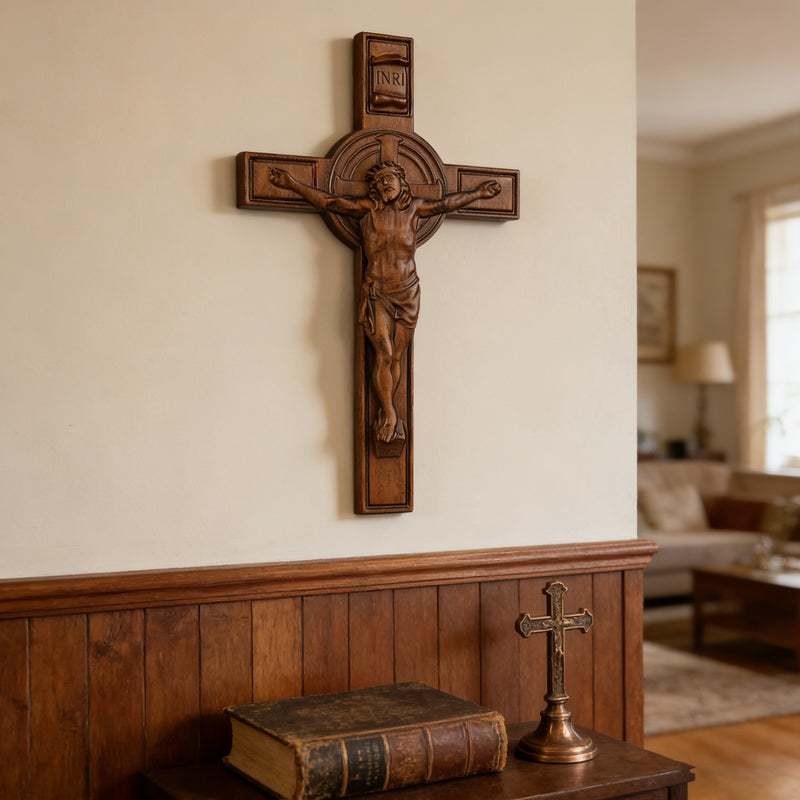 Bgcopper INRI Wood Carving Crucifix