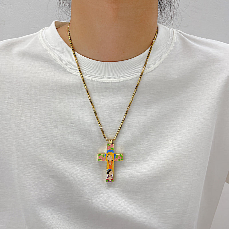 Cartoon style colorful stainless steel cross necklace, the best cross necklace for children