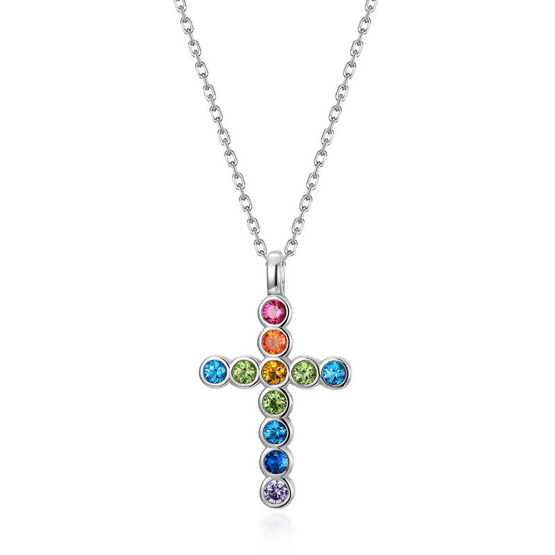 925 Sterling Silver Cross Pendant Necklace With Multicolor Cubic Zirconia Inlay - Gift for LGBTQ