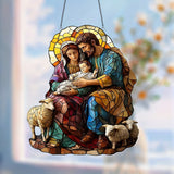 🕊️ Holy Family & Lambs Stained-Glass Acrylic Suncatcher: A Christian Symbol of Love & Flock