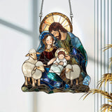🕊️ Holy Family & Lambs Stained-Glass Acrylic Suncatcher: A Christian Symbol of Love & Flock