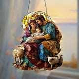 🕊️ Holy Family & Lambs Stained-Glass Acrylic Suncatcher: A Christian Symbol of Love & Flock