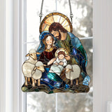 🕊️ Holy Family & Lambs Stained-Glass Acrylic Suncatcher: A Christian Symbol of Love & Flock
