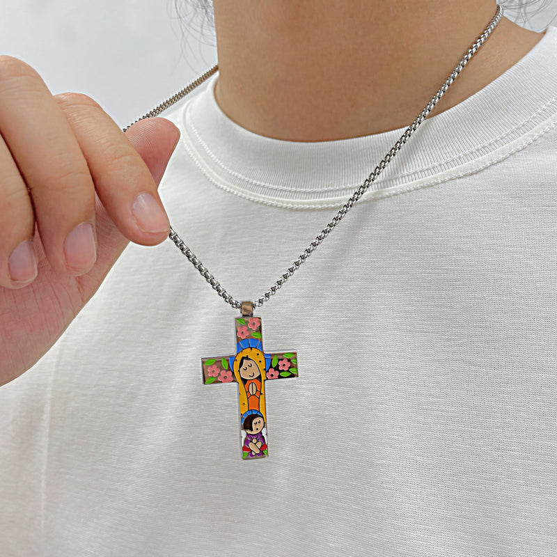 Cartoon style colorful stainless steel cross necklace, the best cross necklace for children