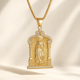 Our Lady of Guadalupe Temple‑Style Rhinestone Inlaid Stainless Steel Necklace