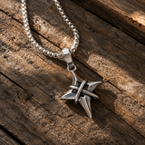 Vintage North Star Men Stainless Steel Necklace, Wrapped Cross Black CZ 4‑Point Star Pendant With Box Chain
