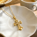 Full Inlaid CZ Gothic Fleur-de-lis Cross Stainless Steel Necklace
