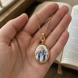 3D Enamel Our Lady of Grace Oval Necklace, Double Sided Tree of Life Stainless Steel Pendant
