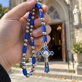 t. Benedict Blue Enamel Rosary with Crucifix – Silver-Tone Beads & Braided Cord