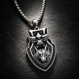 Vintage Shield Wolf & Eagle Stainless Steel Necklace, 3D Embossed Totem Pendant Box Chain for Men