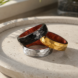 Hammered Titanium Steel Ring with Natural Wood Inner Liner, 6mm Vintage Domed Band, Rustic Wooden Inlay Wedding Promise Ring for Men & Women