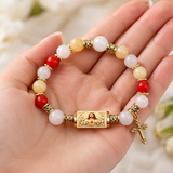 Chalcedony Cross Beaded Bracelet, Vintage Religious Printed Tube Bead Faith Jewelry for Women