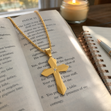 Faceted Eight Point North Star CZ Inlay Stainless Steel Cross Necklace