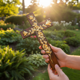 Hand-Carved Rose Cross Wall Art ✝️🌹 | Solid Beechwood Christian Decor with Golden Flowers