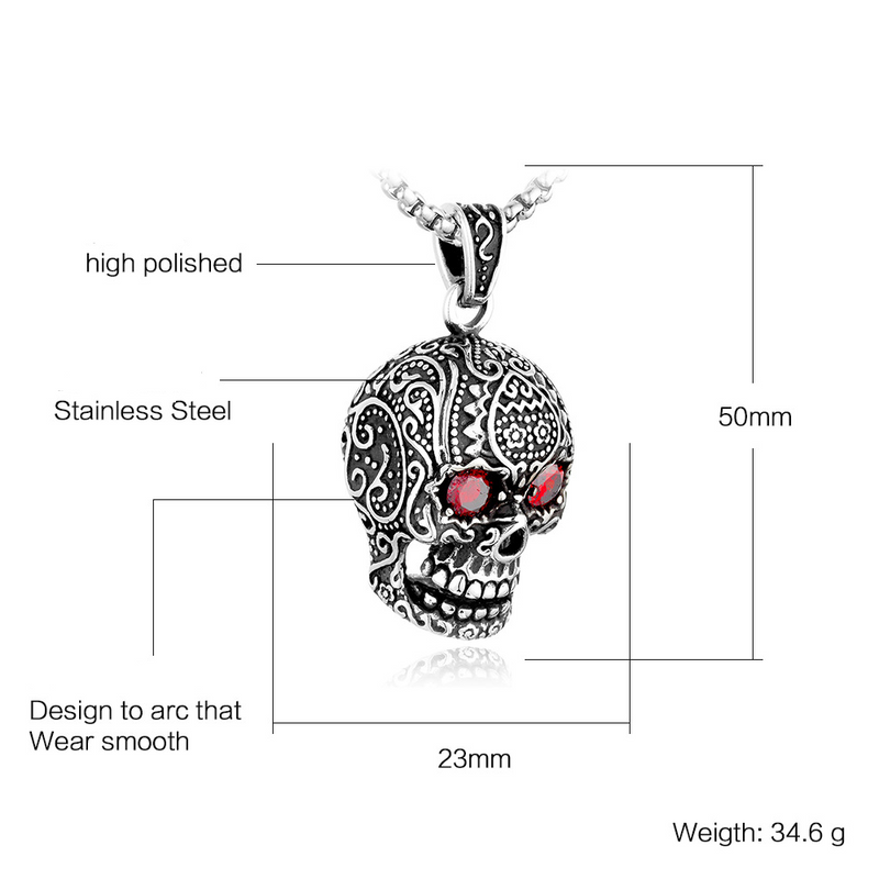 Men's Stainless Steel Cubic Zircnia Eyes Engraved Skull Pendant Necklace