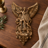 St. Michael the Archangel Battery-Powered Wall Lamp — Antique Bronze Resin Christian Home Decor