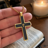 Two-Tone Bevel Edge Carbon Fiber Textured Inlaid Tiny Cross Stainless Steel Necklace