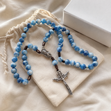 Hand Woven Holy Trinity Crucifix Mary Holy Medal Blue Rosary - Christian gift presentation