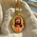 3D Embossed Enamel Crown of Thorns Jesus Oval Stainless Steel Necklace