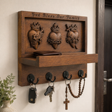 Hand-Carved Sacred Hearts Wooden Key Holder – God Bless Our Family Wall Organizer