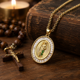 Oval Baguette Cubic Zirconia Saint Jude Medal Necklace, Gold Plated Brass St. Jude Pendant Religious Jewelry