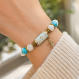 Chalcedony Cross Beaded Bracelet, Vintage Religious Printed Tube Bead Faith Jewelry for Women