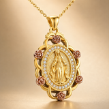 Two‑Tone Rose Virgin Mary Necklace, Vintage Zircon Religious Pendant for Women