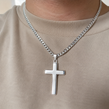 Minimal Polished Stainless Steel Cross Necklace, Classic Plain Cross Pendant with Cuban Chain, Religious - side view