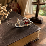 Sacred Heart of Jesus Thorn Flame Cross Adjustable Open Ring - size and finish detail