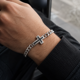 Men’s Carbon Fiber Inlay Cross Curb Chain Bracelet, 316L Stainless Steel Adjustable Religious Faith Bracelet, Silver & Gold Tone Christian Gift for Him