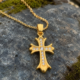 Full Inlaid CZ Gothic Fleur-de-lis Cross Stainless Steel Necklace