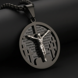 3D Crucifixion Lord’s Prayer Engraved Medallion Pendant Necklace