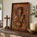 Hand-Carved Sacred Heart of Jesus Beech Wood Plaque – A Quiet Reminder of Christ’s Mercy at Home