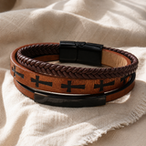 Multi‑Layer Braided Cross Printed Men Leather Bracelet, Vintage PU Leather Magnetic Clasp Religious Wrist Jewelry