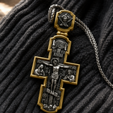 Orthodox S925K Silver Double-Sided Engraved Jesus Christ Crucified and Saints Orthodox Necklace