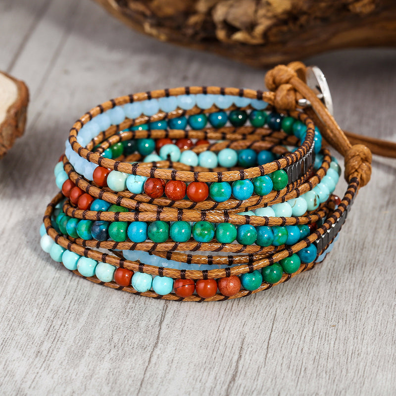 Multi-Layered Hand-Woven Natural Crystal Stone Leather Tree of Life Guardian Bracelet