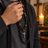 Black Stone & Wood Bead Crucifix Rosary Necklace – 70cm Christian Prayer Rosary