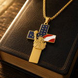 Statue of Liberty & American Flag Cross Pendant Necklace