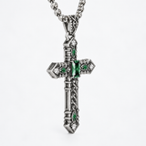 Vintage Green Stone Cross Pendant Necklace for Men