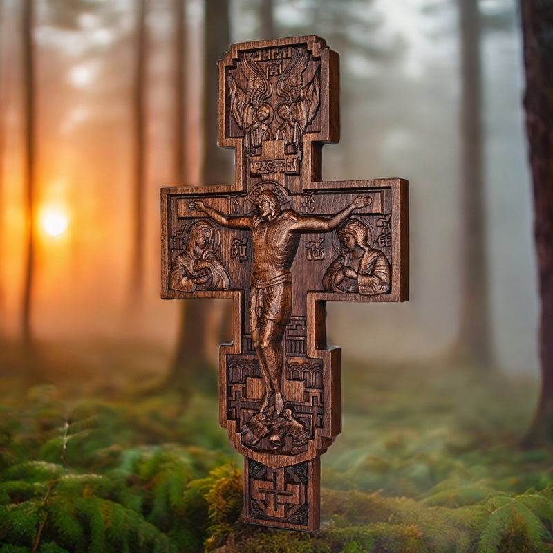 Eastern Orthodox Crucifixion Cross Wall Decor - Faith & Redemption Theme Wooden Carved Wall Hanging