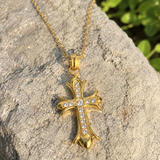 Full Inlaid CZ Gothic Fleur-de-lis Cross Stainless Steel Necklace