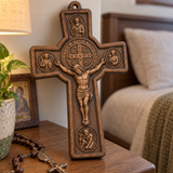 Hand-Carved Beechwood Saint Benedict Protection Crucifix – Christian Wall Cross