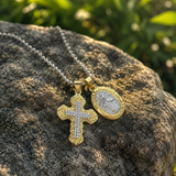 Two Charms Necklace, Iced Cross & Miraculous Medal Pendant, 316L Stainless Steel Religious Ball Chain Jewelry