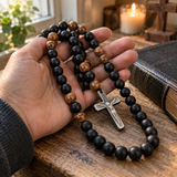 Black Stone & Wood Bead Crucifix Rosary Necklace – 70cm Christian Prayer Rosary