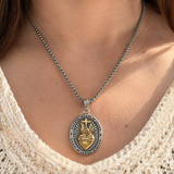 Two Tone Gold Silver Sacred Heart of Jesus Oval Stainless Steel Necklace