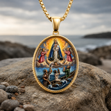 3D Raised Color Enamel Our Lady of Charity Oval Gold Stainless Steel Necklace