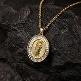 Oval Baguette Cubic Zirconia Saint Jude Medal Necklace, Gold Plated Brass St. Jude Pendant Religious Jewelry