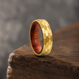 Hammered Titanium Steel Ring with Natural Wood Inner Liner, 6mm Vintage Domed Band, Rustic Wooden Inlay Wedding Promise Ring for Men & Women